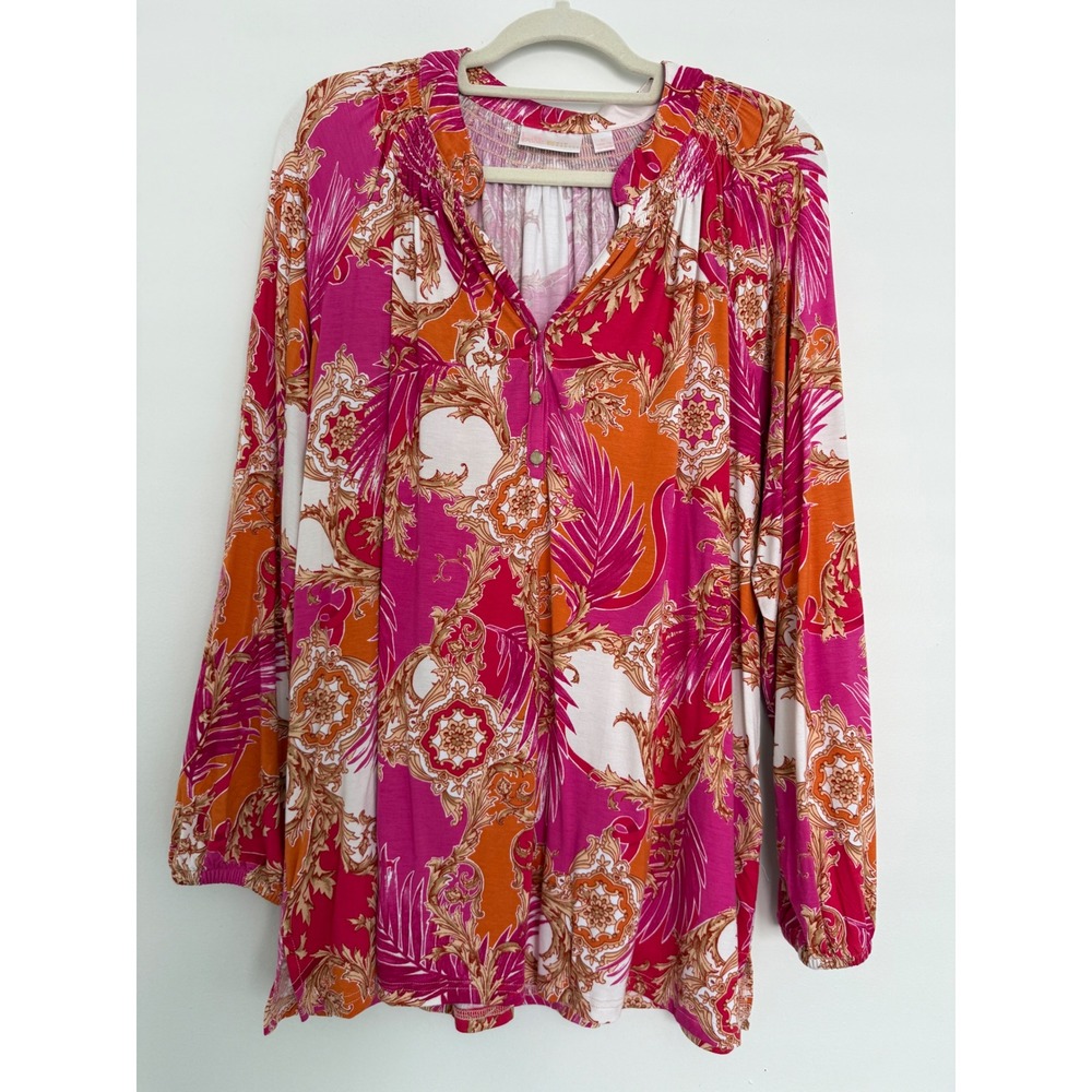 Belle by Kim Gravel Top Tunic Women Pink Multicolor Flowy Size 1X Long Sleeves